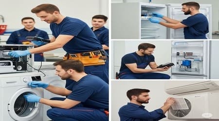 técnicos reparando aires lavarropas y heladeras